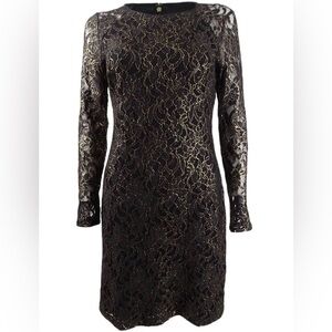 Tommy Hilfiger Black & Gold Lace Long Sleeve Cocktail Dress Size 10